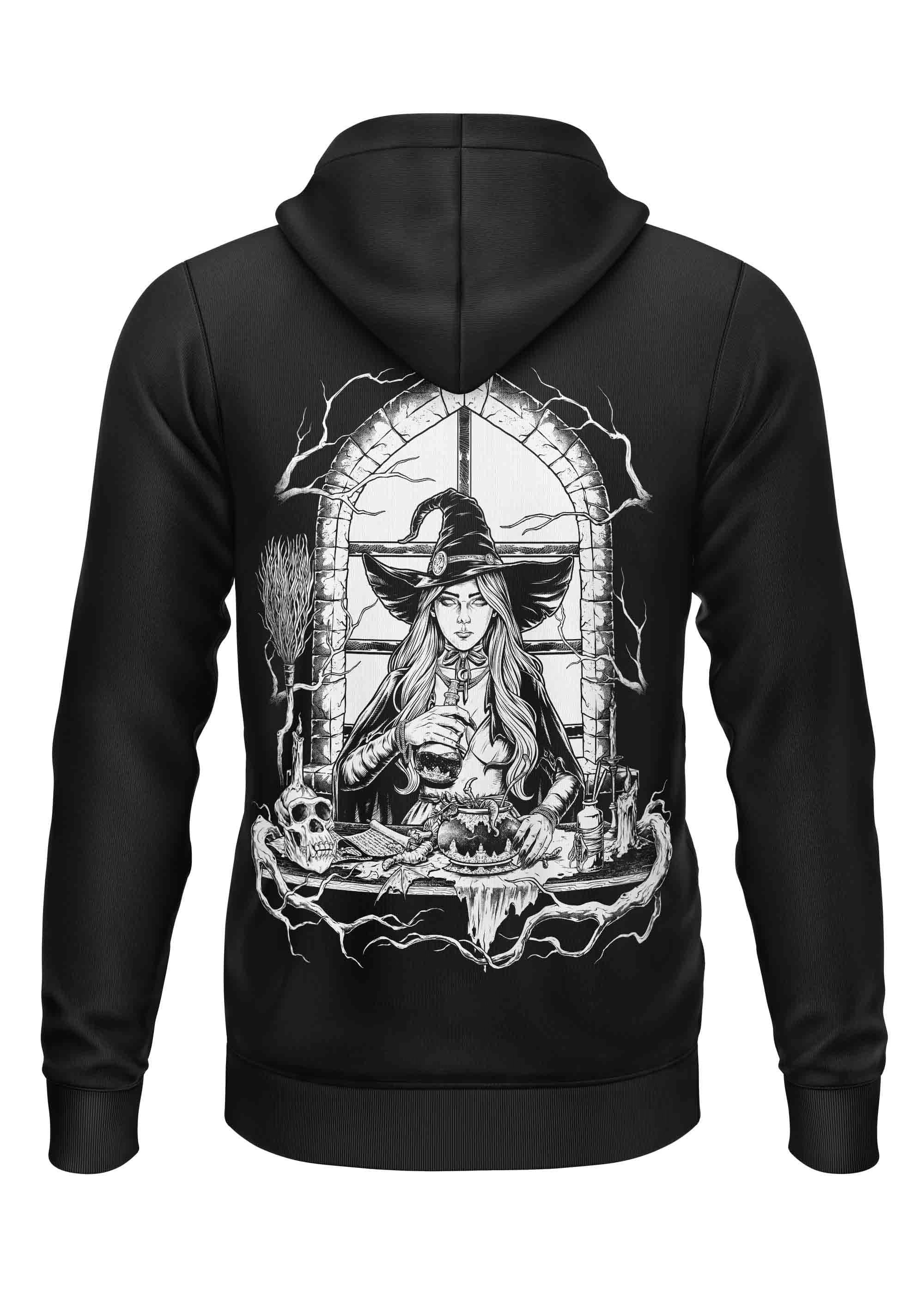 Schwerer Unisex Hoodie mit Hexe im Fenster und mystischen Motiven